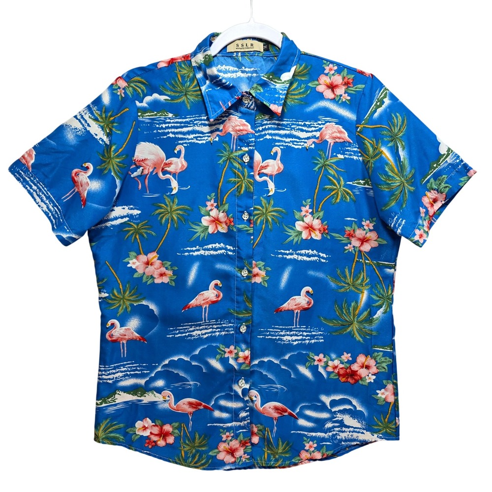 SSLR Womens Flamingo Hawaiian Camp Shirt Size M Tropical Print Blue Short Sleeve